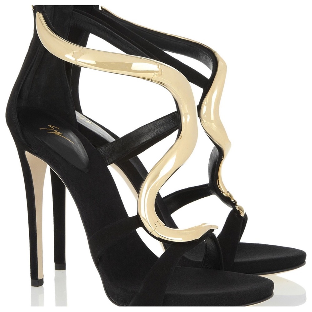 Giuseppe Zanotti Black and Gold Sculptural High Heel Sandals